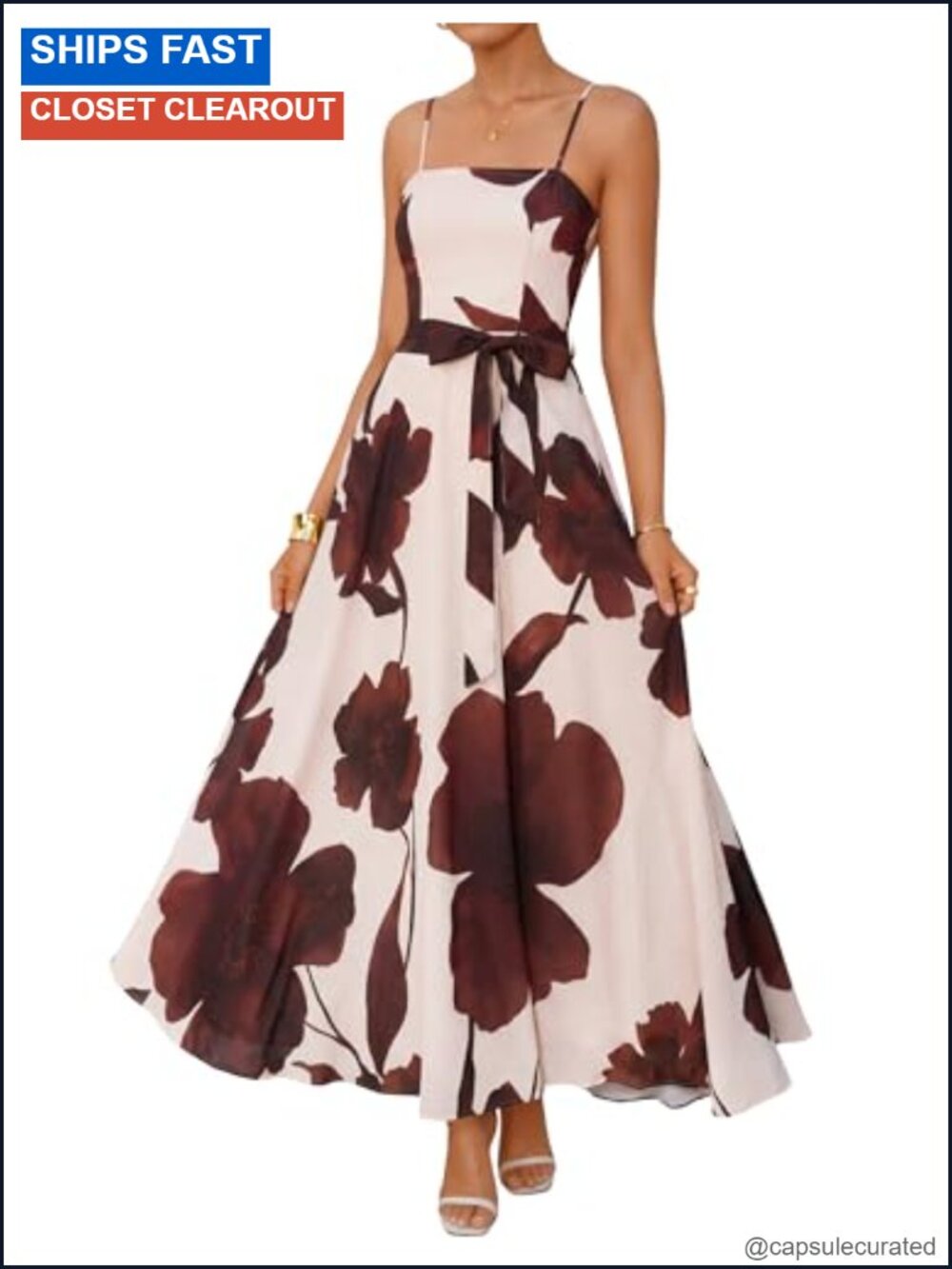 Summer Spaghetti Strap Floral Maxi Dress Sleeveless A-Line Belted